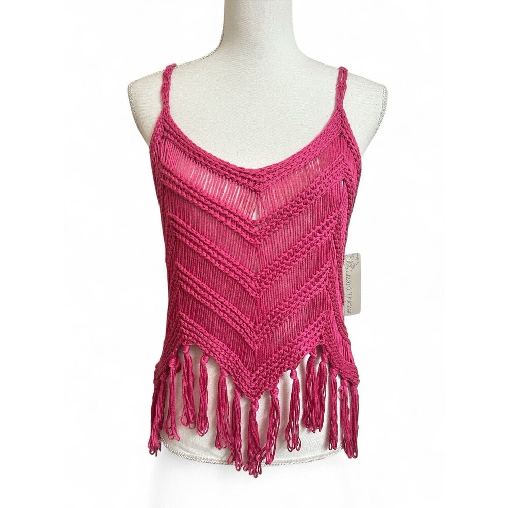 NWT Sunland 17 Women's M Pink Crochet Tank Top Festival Fringe Lizard Thicket